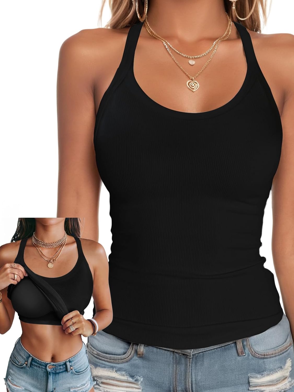 Ninee Womens Tank Tops with Built in Bra Summer Adjustable Spaghetti Straps Camisole Ribbed Cami Tanks