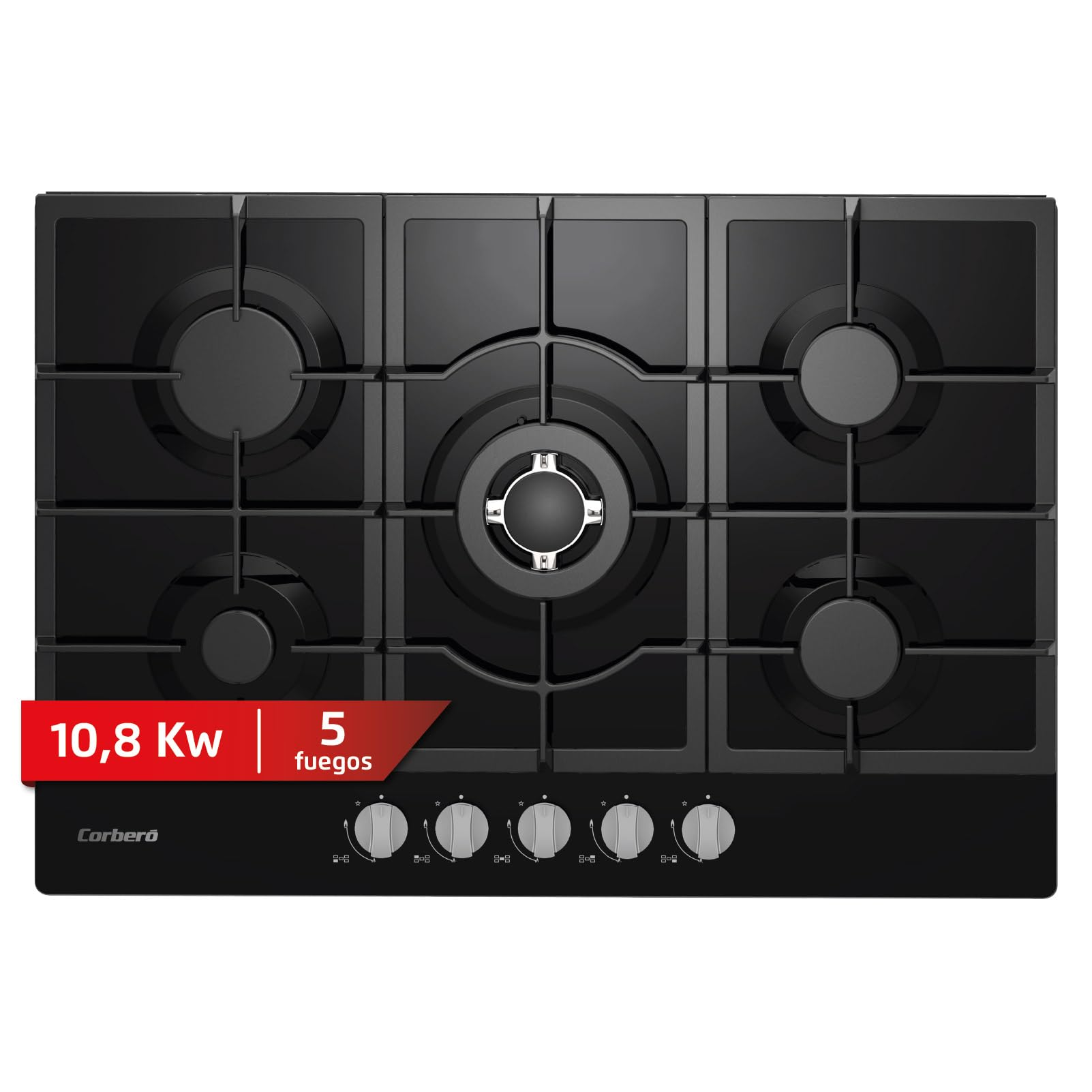 Corberó - Placa Gas Cristal LUX 75cm | CPCGM5F5026N | 8.5kW| 5 Zonas | Zona Wok | Autoencendido | Capa Protección Clean+ | Desconexión automática | Negro — view 2
