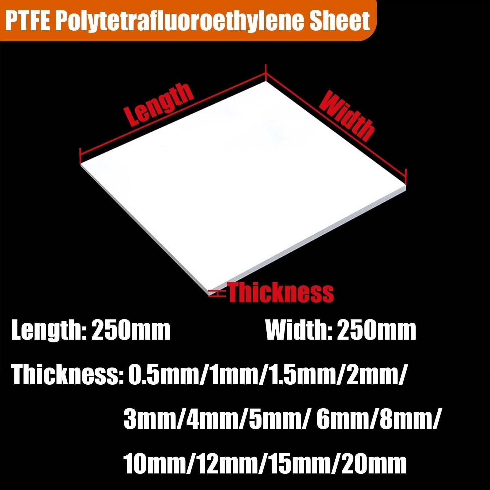 Arkuszy teflonowych PTFE 250×250mm, z pierwotnego PTFE, 0,5–20mm | Odporne na ciepło i chemikalia uszczelki, izolacje i łożyska(250x250x12mm)