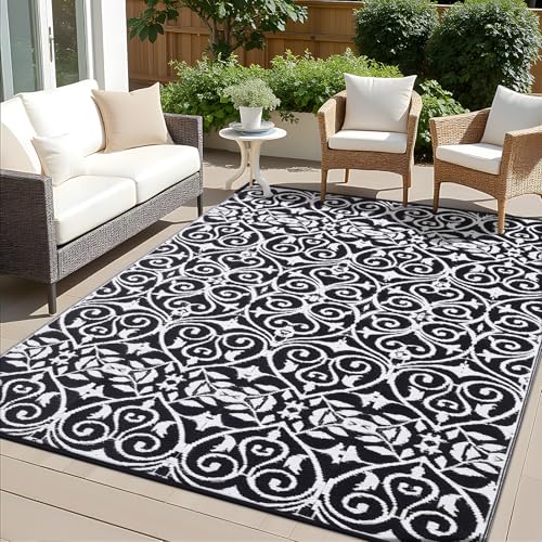 OLANLY Outdoor Rug Waterproof 6x9 ft Clearance, Reversible Outdoor Plastic Straw Rug with Floral Pattern, RV Mat for Patio, Camping, Balcony, Deck, Backyard, Black & White