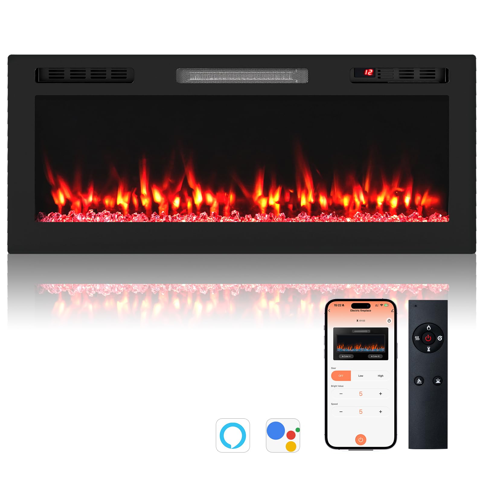 RELAX4LIFE 42" Elektrokamin mit heizung, deko Wandkamin mit App- und Fernbedienung, schwebender Kamin mit LED-Ambientelicht & 3D-Flammeneffekt & Kristall-Glutbett, 1500 W, 12 Flammenfarben, 12H-Timer