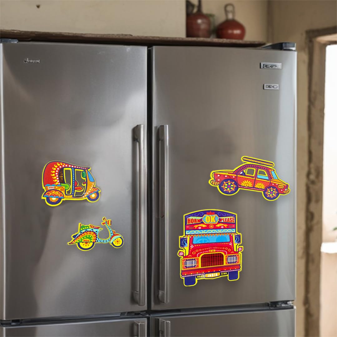 (Set of 4) Fridge Magnets Indian Vehicle Classic Taxi, Trucks, Scooter & Auto Rickshaws - Vibrant Magnets for Kids & Adults Unique Collectable Souvenir Gift & Home Decor 3