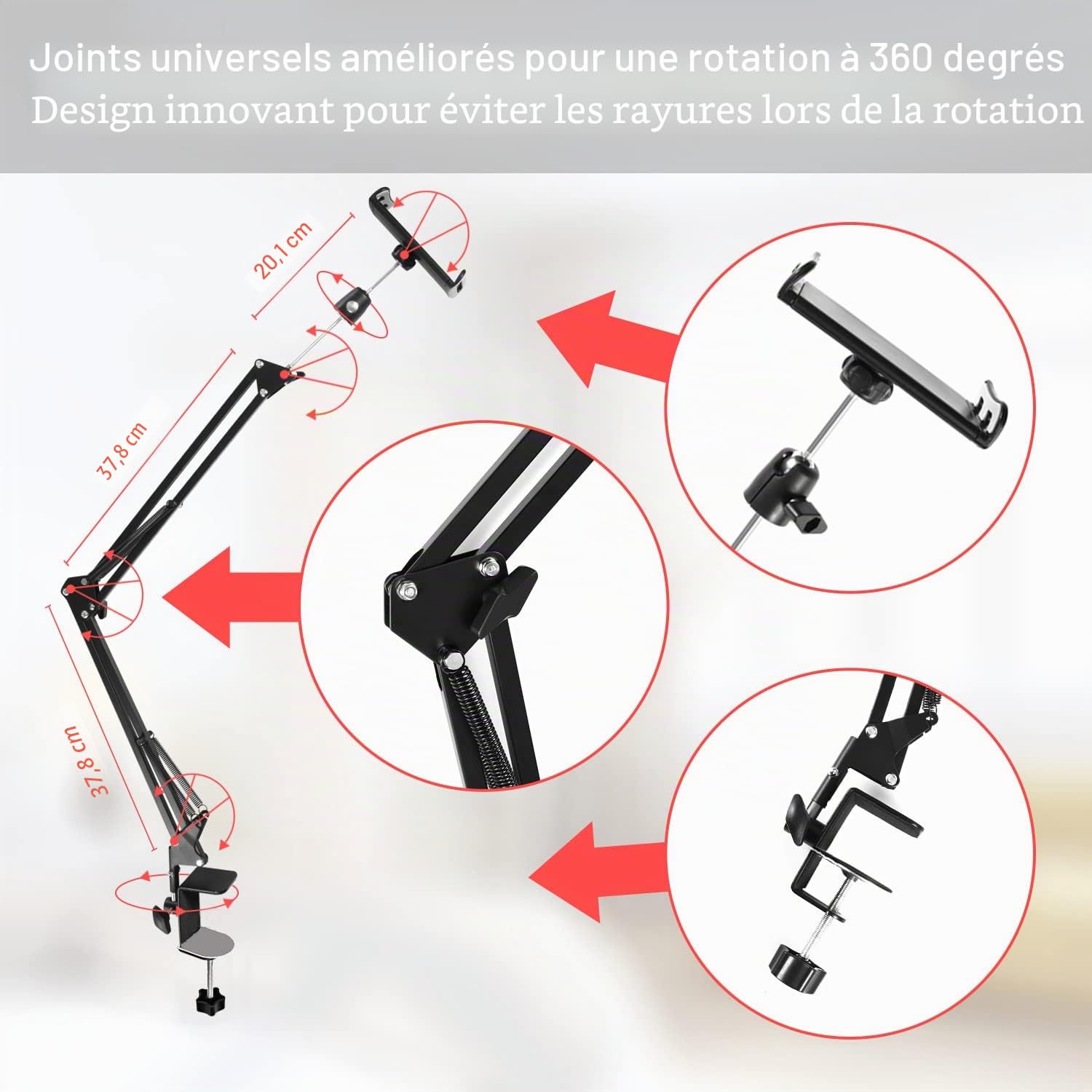 Support à tablette pour lit, rotatif à 360° avec bras en aluminium solide pour iPad, tablettes, téléphones ou autres appareils avec écran de 4,5 à 12,9"