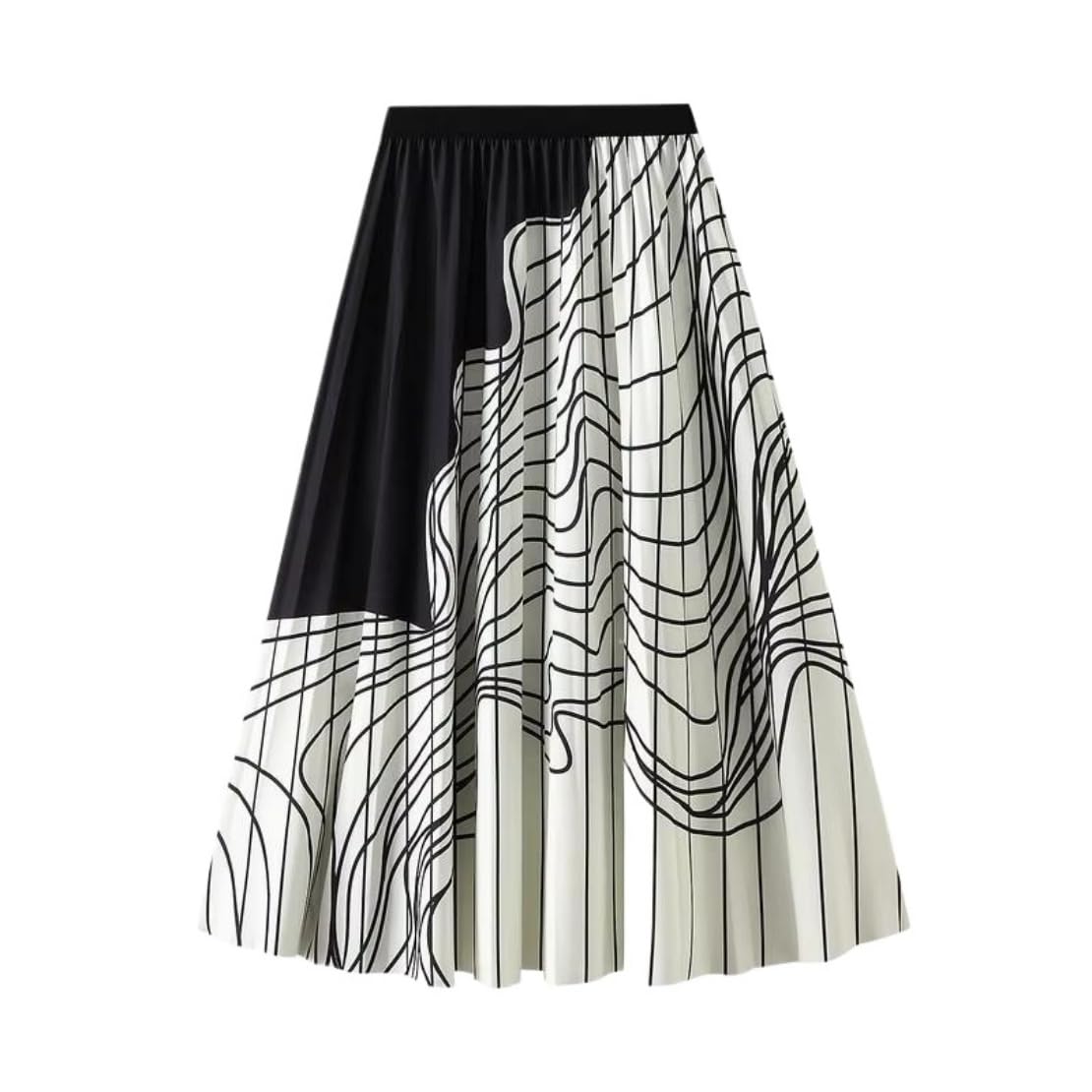 Womens Pleated A Line Skirt with Irregular Geometric Stripe Pattern Knit Retro Slim Fit Korean Style Casual Office