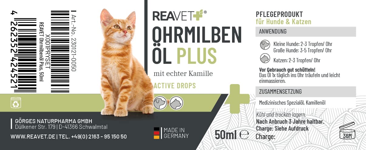 ReaVET Aceite para Ácaros de Oído Plus 50ml - Tratamiento rápido para Gatos contra ácaros de oído, con manzanilla, Alivia la picazón y Limpia Suavemente los oídos. Gotas para oídos y Limpiador