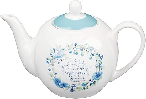 Tetera de cerámica Dulce Amistad Proverbios 27:9 Té de flores azules para una tetera para mujeres, hermanas y amigos