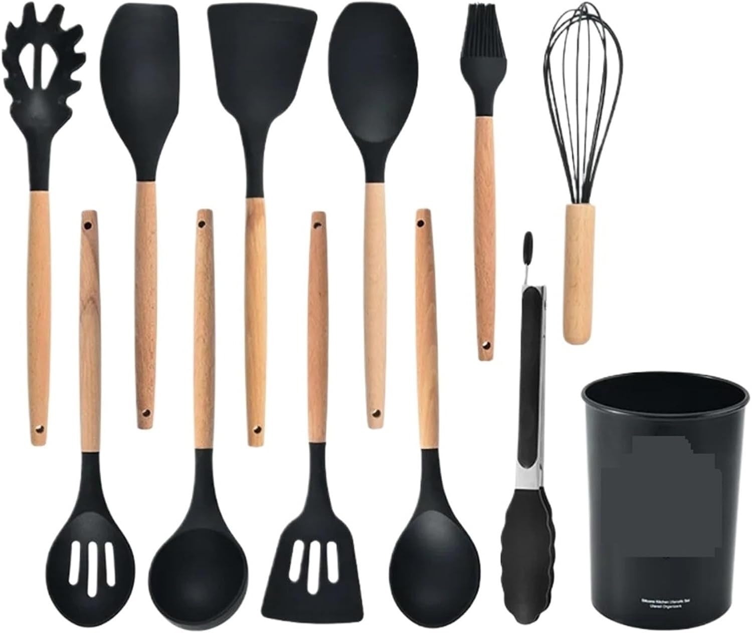12PCS Food Grade Silicone Cookware Set Wooden Handle Ergonomic Non-Stick Eco-Friendly Baking Tools(Grey)
