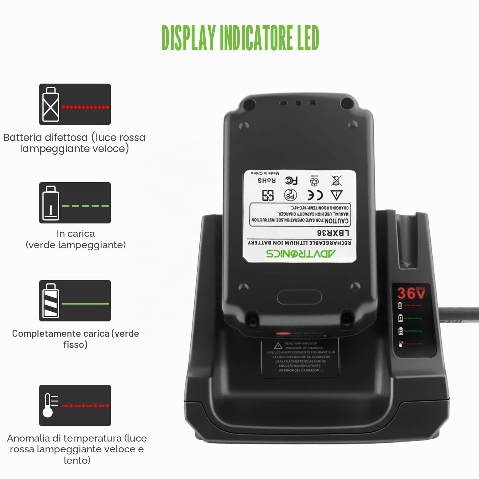 Caricatore di Ricambio BDC2A36 / LCS36 / LCS40 per 36V Batterie BL2536 BL20362 BL20362-XJ LBX2040 LBX36 LBXR36 LBXR2036 LBX1540 LBX2540 LST136W LST540 LCS1240