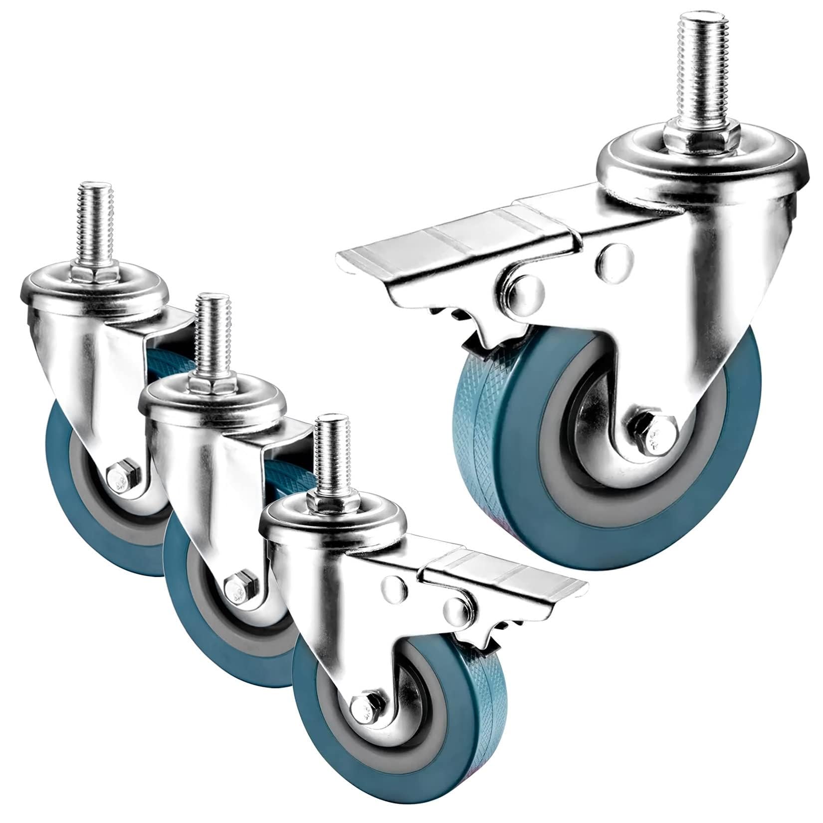 ZGUOUZANTYE 2.5/3 Inch Castor Wheels M10/12 Swivel Stem 4 Pack With Dual Locking Brakes No Floor Marks Silent(Swivel+brake,65mm(2.5in) m10)