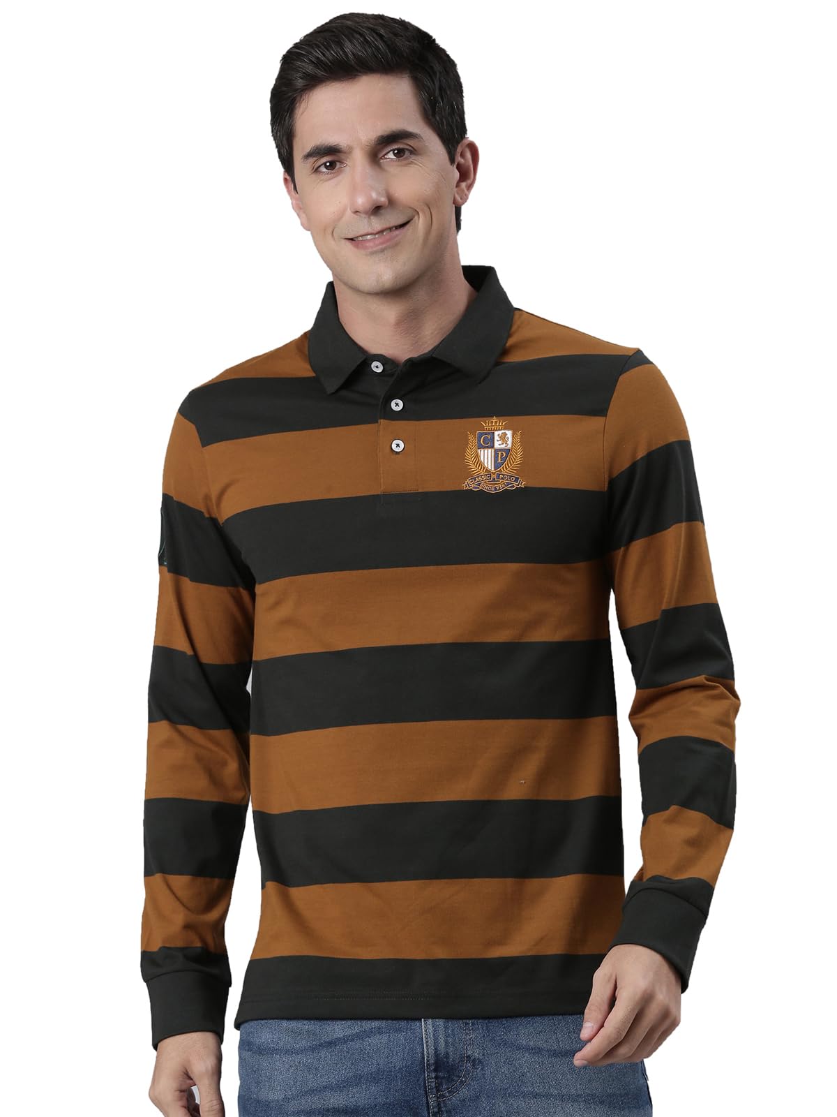 classic polo Men's Full Sleeve Brown/Black Polo Neck Slim Fit Colorblock Cotton T-Shirt-picture-25