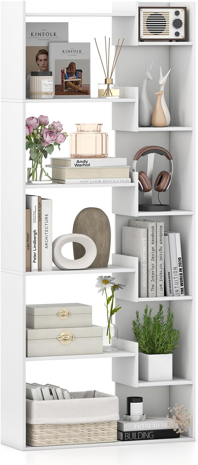 Image of Libreria a 6 Ripiani, Scaffale Alto Salvaspazio in Legno, Libreria Moderna per Studio, Ufficio, Soggiorno e Camera da Letto, 69 x 22 x 163 cm (Bianco)