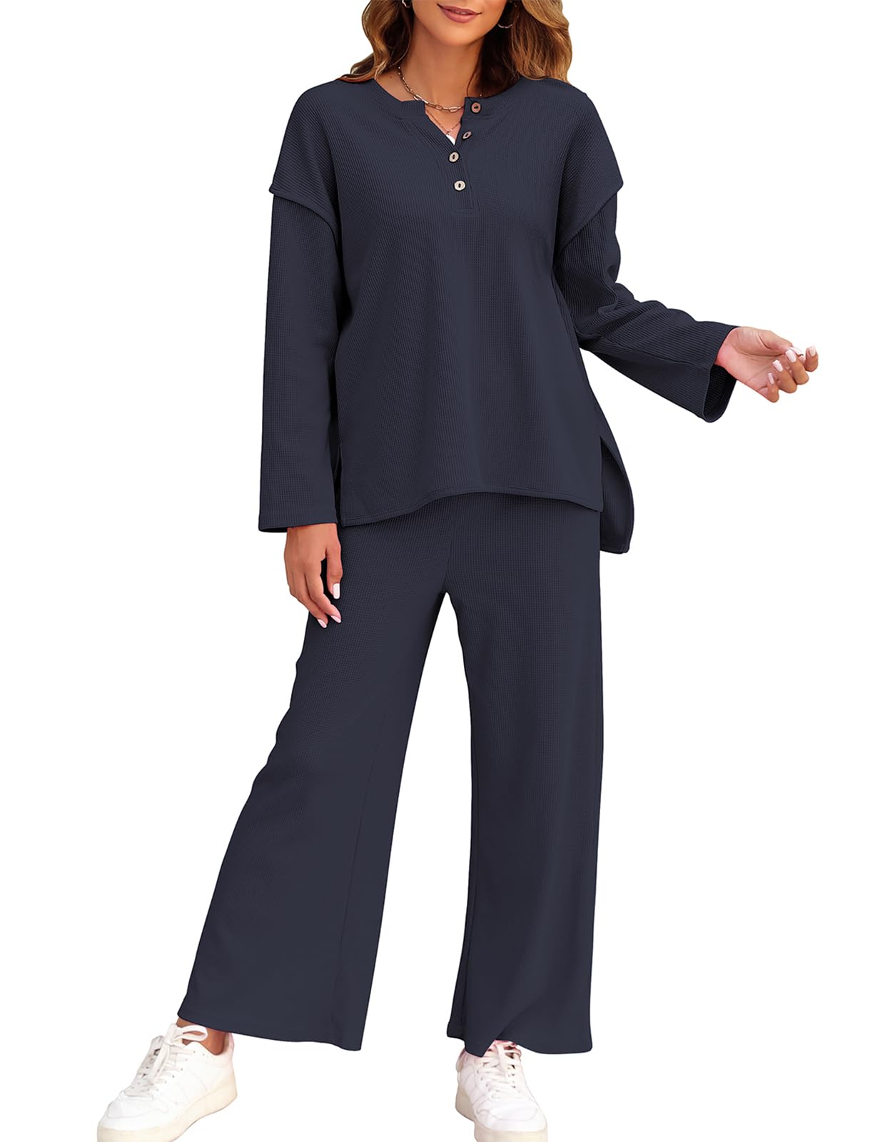 FANCYINNWomen 2 Piece Outfits Sweatsuit Button Pullover Loose Top and Wide Leg Pants Lounge Set Tracksuit