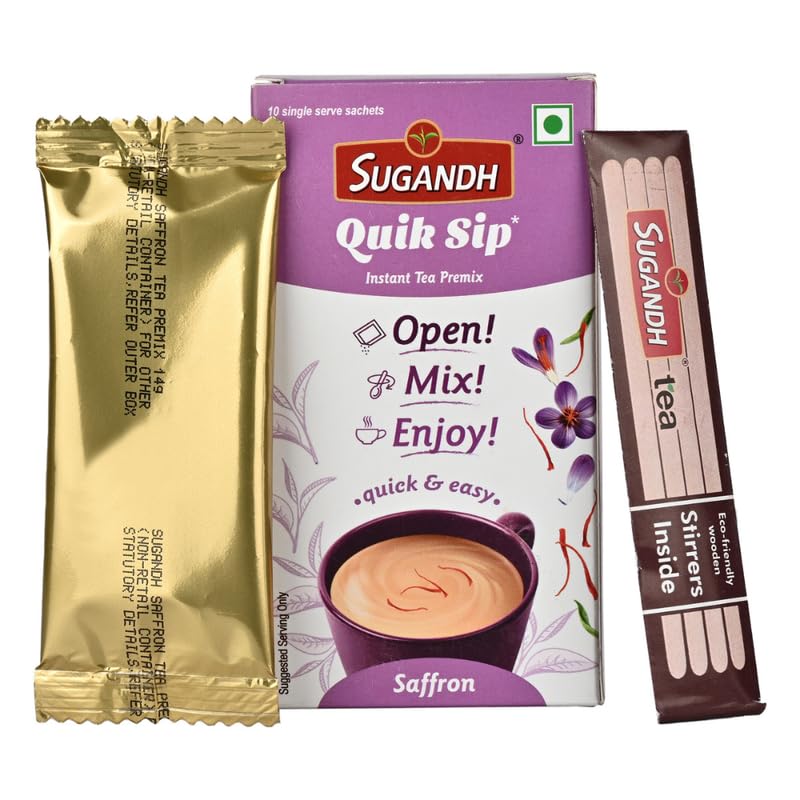 Image of Sugandh Quik Sip Instant Saffron Chai Premix (Pack of 2) - Single Serve Sachets - 2 Boxes of 10 Sachets each
