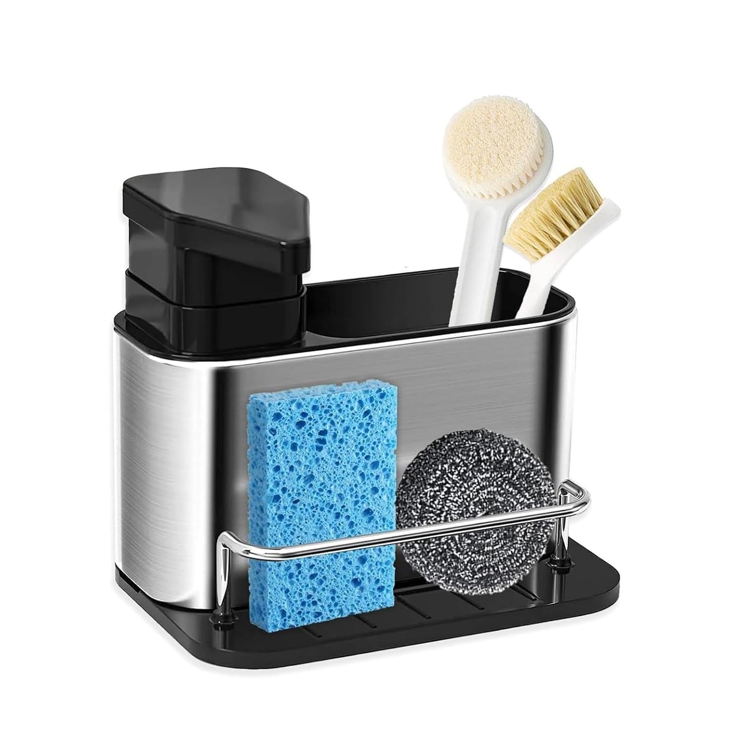 SARNESHWERAM Stainless Steel 3-in-1 Soap Dispenser Sponge and Brush Holder Sink Drainer Rack for Kitchen Caddy Organizer with Refillable Soap Pump Stand
