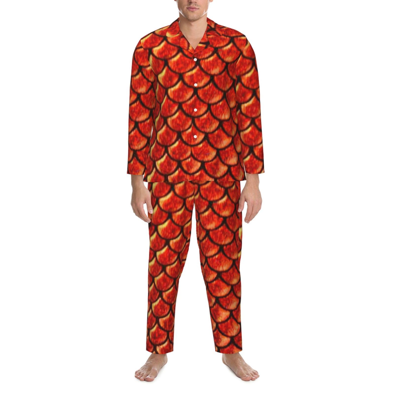 Set pigiama a maniche lunghe da uomo con stampa a squame di pesce rosso, pigiama, due pezzi, per casa, viaggi, lounge, pantaloni