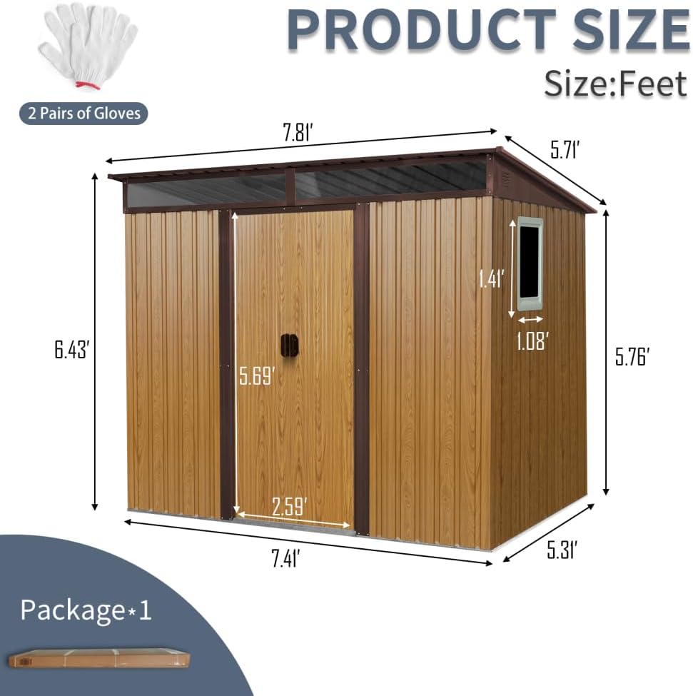 Heavy-Duty Outdoor Metal Storage Shed with Lockable Sliding Doors and Clear Polycarbonate Panels for Garden, Yard, or Patio Use (Coffee + Window)