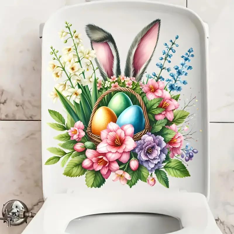 Easter Bunny Floral Toilet Cover Sticker Decals,Fish Bird Flower Leaf Waterproof Toilet Lid Tank Seat Decals Cistern Self-Adhesive Bathroom Wall Sticker