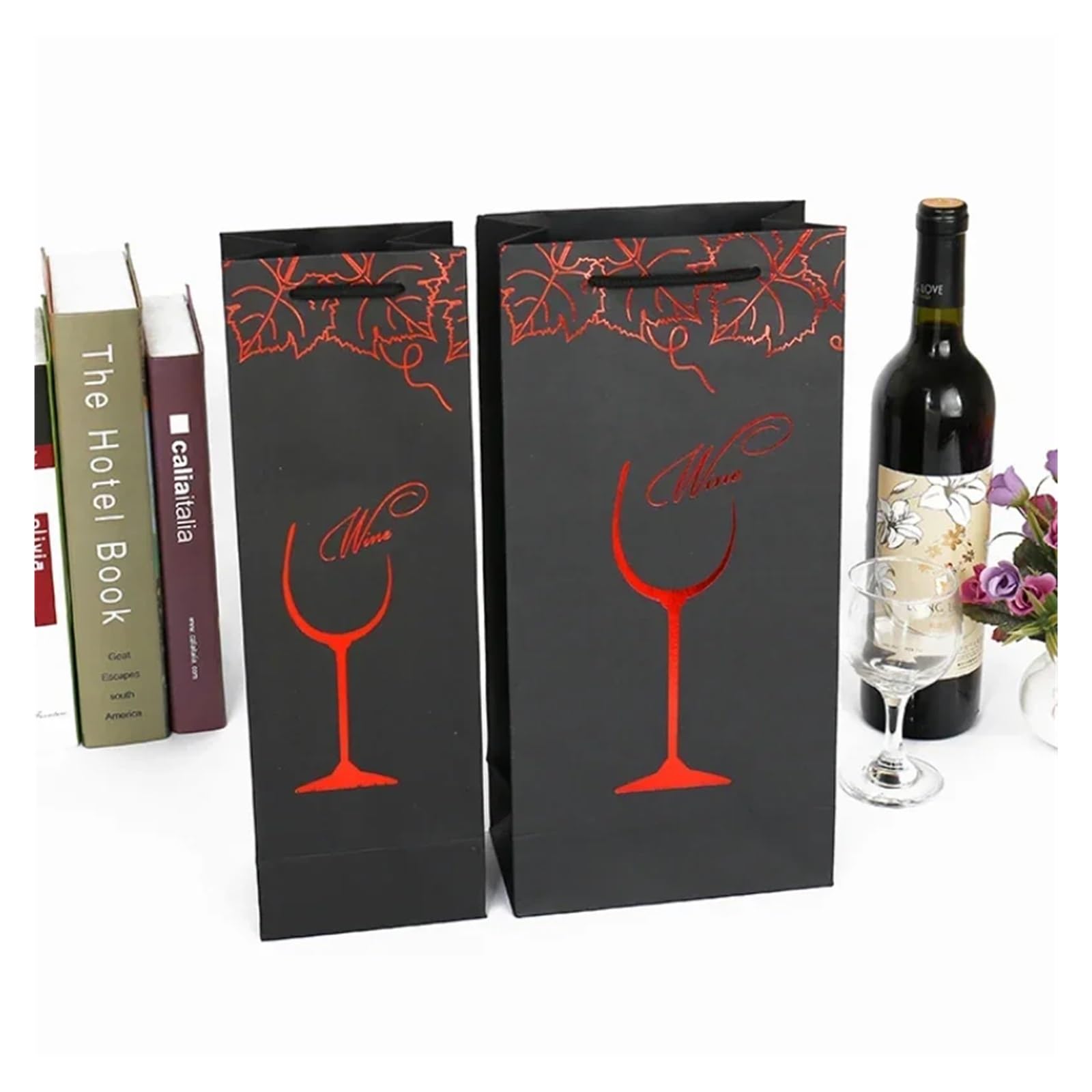 Sacs pour bouteilles de vin Sac en papier à main 12 pièces, pochette en carton noir doré feuille de raisin, pochette à vin simple Double bouteille de bière, sac Portable à poignée en corde en Nylon (
