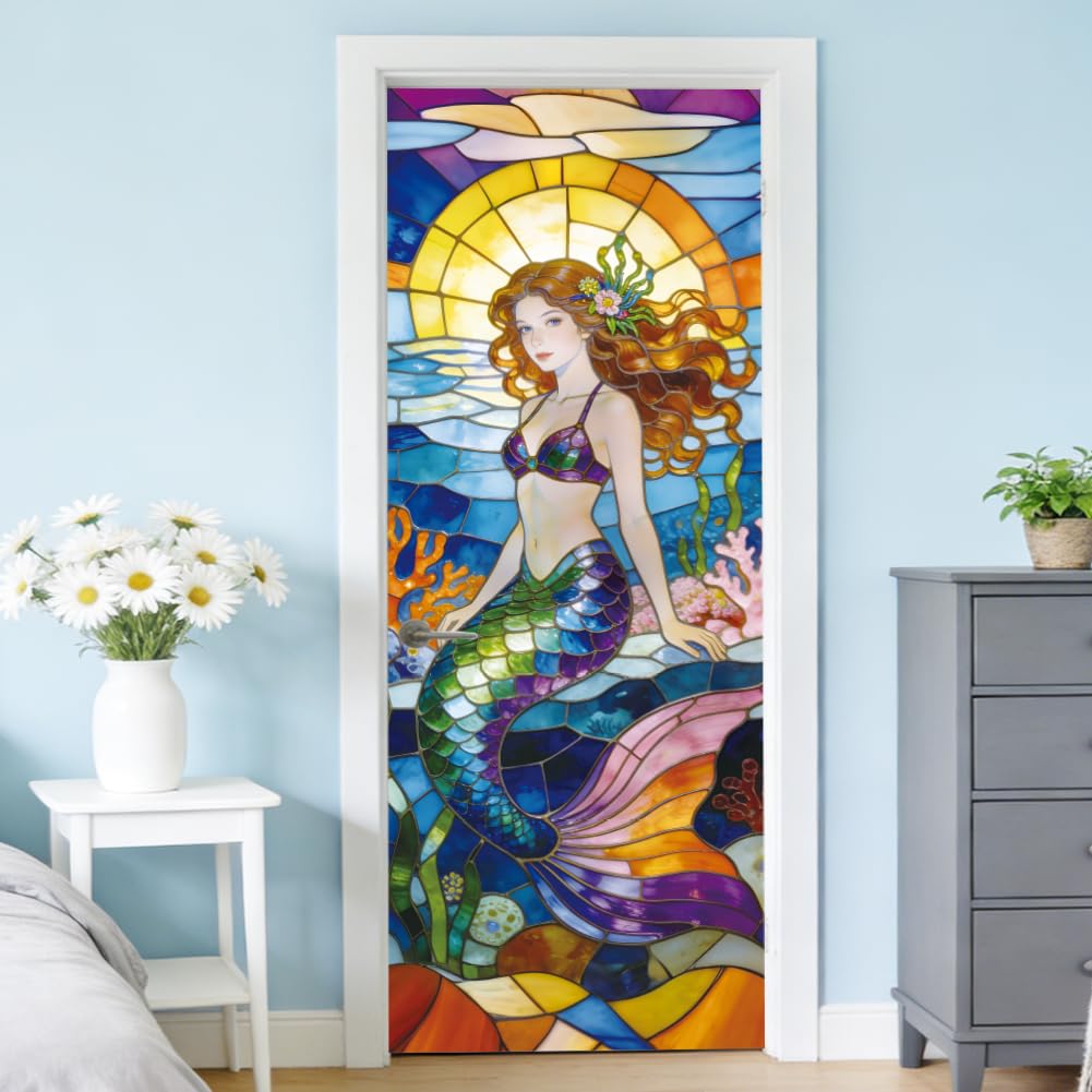 arricraft 2 Sheets Self-Adhesive Door Sticker, 80cmx200cm/31.5x78.7inch Colorful Glass Mermaid Door Murals Stickers PVC Removable Wallpaper Decoration for Bedrooms ​Living Room