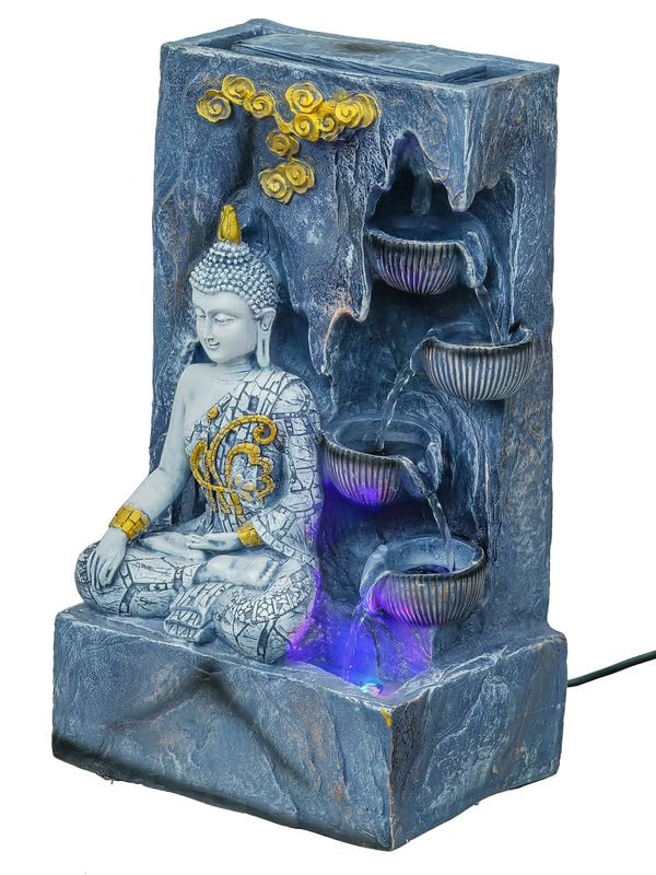 Image of Grey Polyresin Tabletop Designer 4 Step Indoor Water Fountain for Home Decor with LED, Speed Control Pump (Size: 26 x 18 x 44 CM | Weight: 2910Gram)