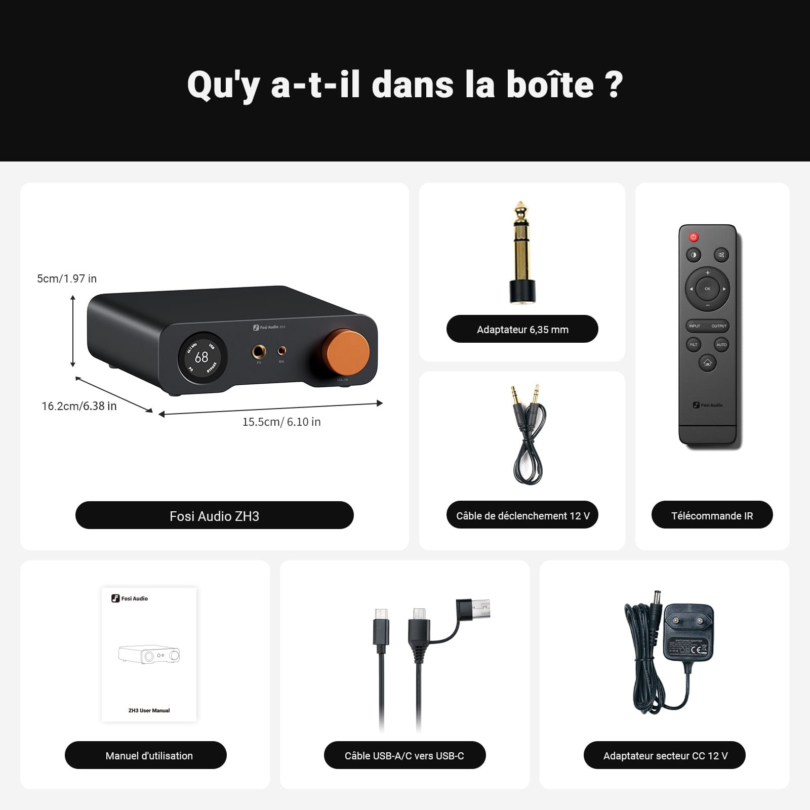 Fosi Audio ZH3 Ampli Casque DAC, Préampli Entièrement Équilibré avec AKM4493SEQ PCM768 kHz pour Amplificateurs, Entrée Déclencheur 12V/USB/OPT/COAX/RCA, sortie XLR/RCA/4,4 mm/6,35 mm avec Télécommande