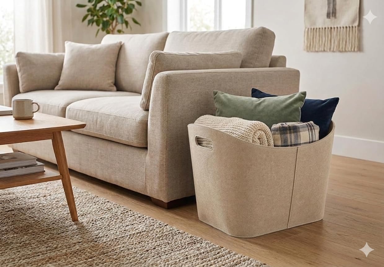 Metrox 2099508 Cestino in Legno con Maniglie, in Feltro, Colore Beige, Dimensioni: 53.5 X 43 X 34 Cm, 1807