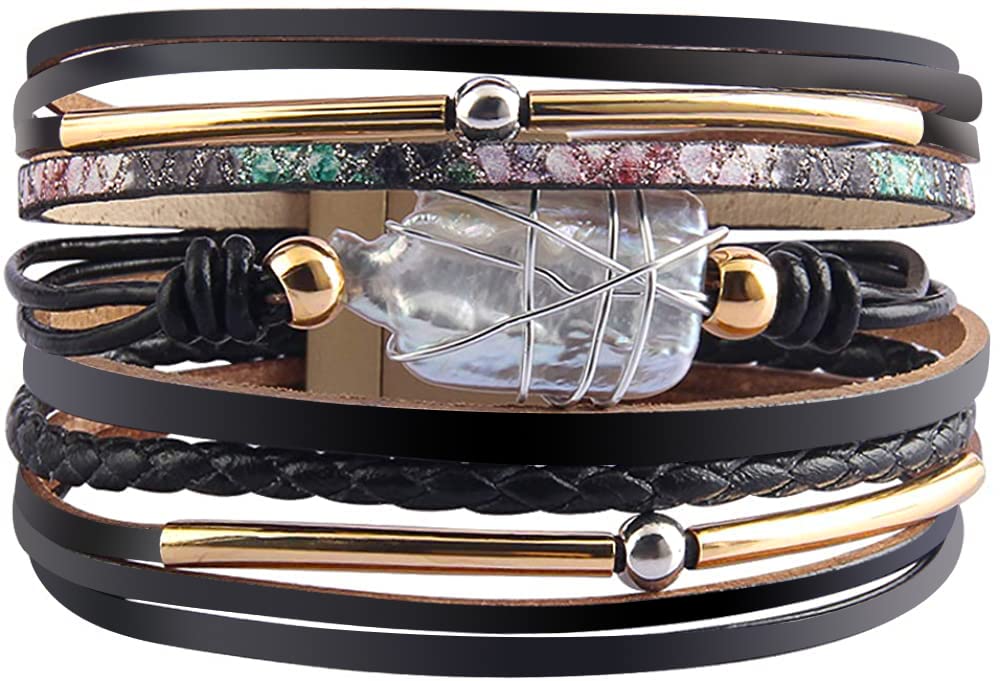 Fesciory Leather Wrap Bracelet for Women, Boho Western Layered Cuff Jewelry | Stackable Bracelets, Easy-On Clasp, Daily Wear, Pairs with Boho Western Outfits, Gift for Women
