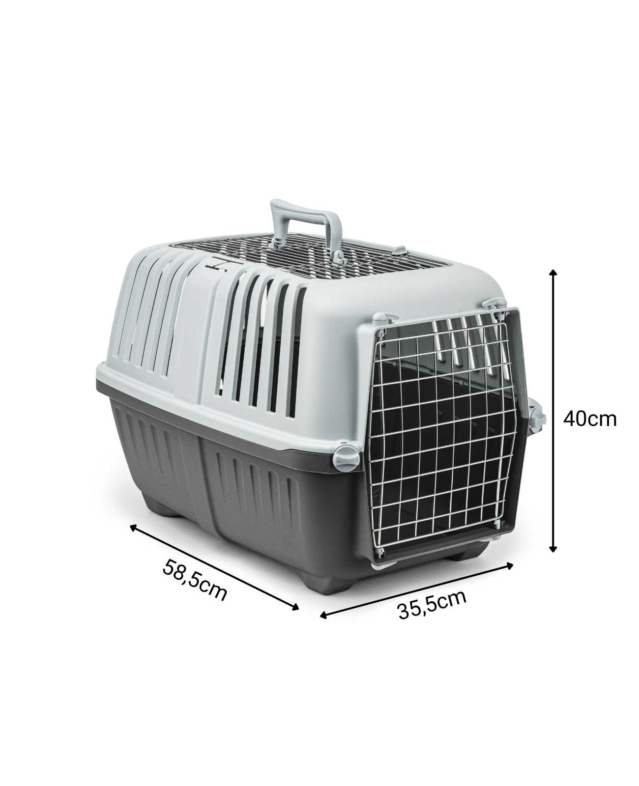 lionto Caja de Transporte 58,5x35,5x40 cm, plástico con Rejilla metálica, con asa y Cierre, para Perros, Gatos y Animales pequeños de hasta 15 kg, Gris