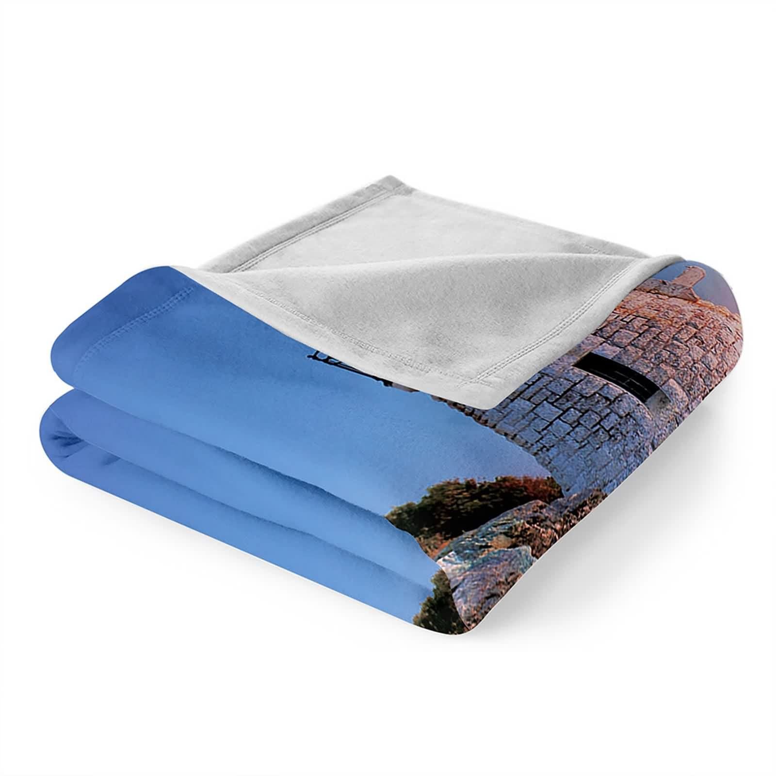 Coperta Termica in Flanella,Coperta di Pile Motivo di Mare e Faro Blu Arancio Coperta da Divano 160x200cm
