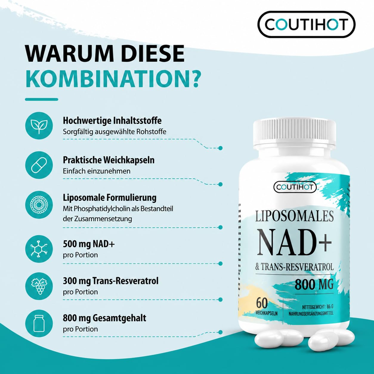 Liposomales NAD+ mit Trans-Resveratrol | Hochdosiert 800 mg pro Portion | 60 Softgels – Liposomale Technologie für effiziente Aufnahme & Premium Reinheit (60 stück (1er Pack))