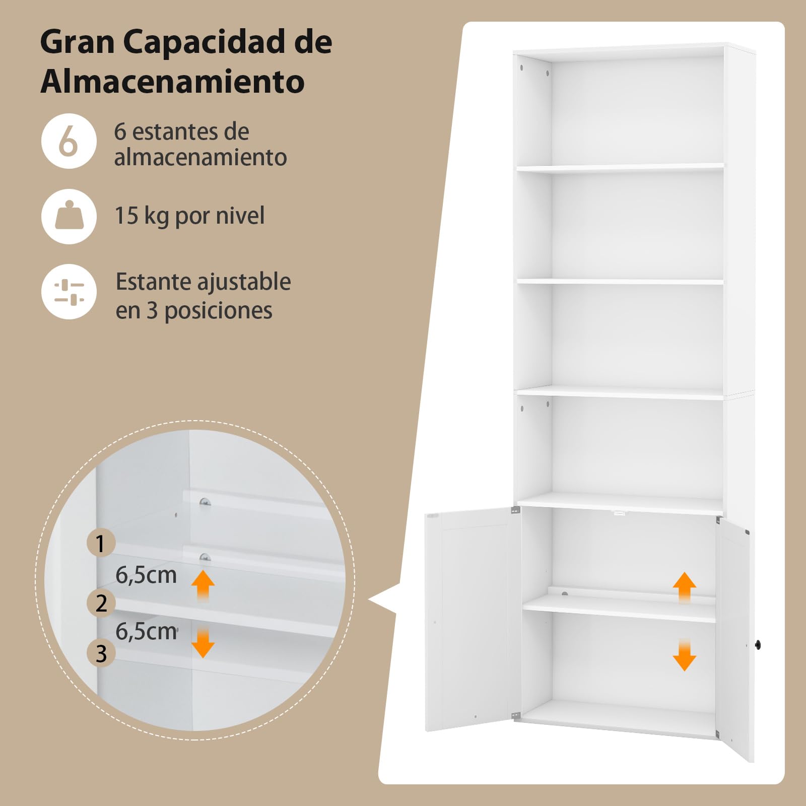COSTWAY Libreria Estanteria con 2 Puertas, Estanterias para Libros con 6 Estantes y un Armario, Estante Ajustable, Librería Blanca Salon Oficina Cocina, 60 x 24 x 180 cm, Blanco