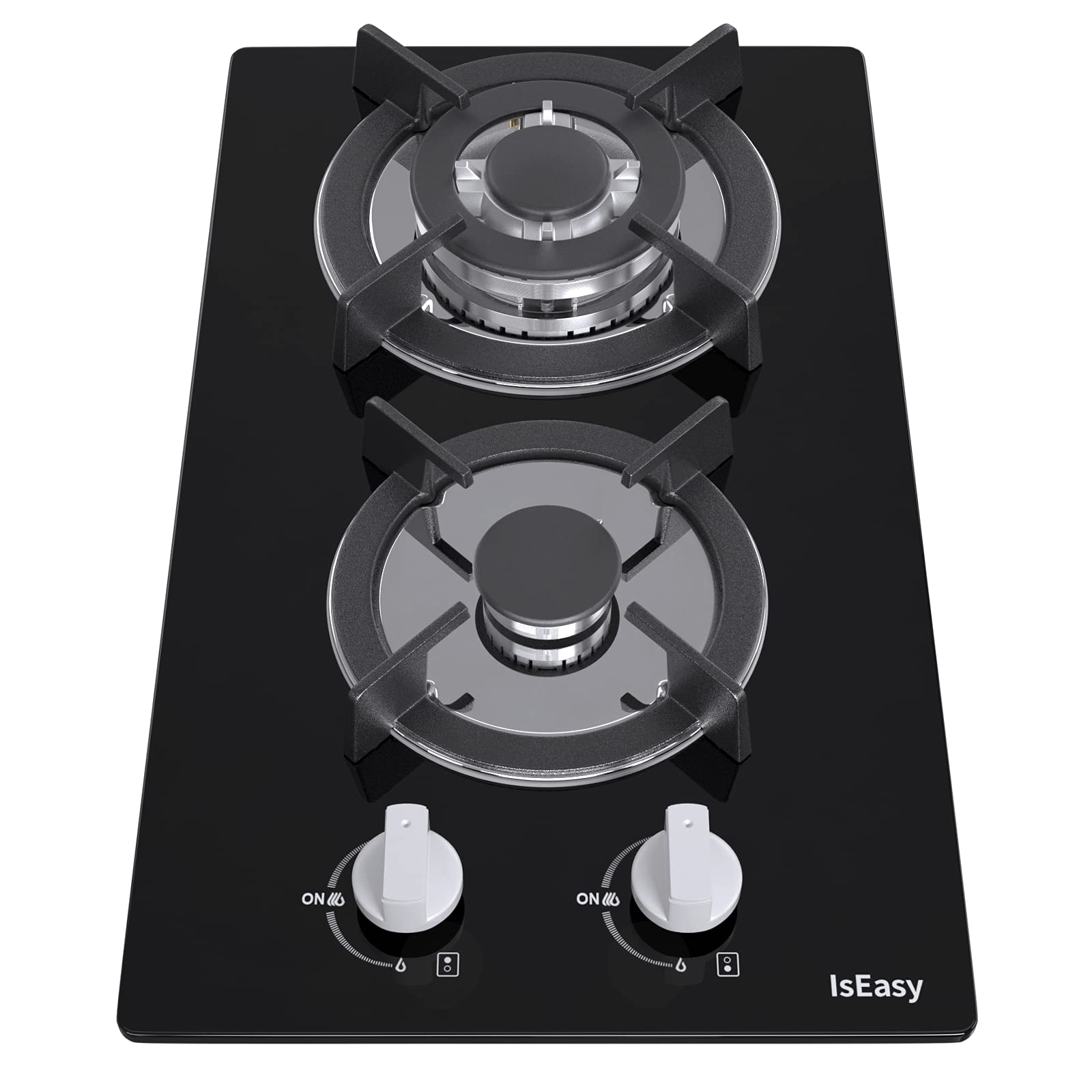 IsEasy Placa de Gas 2 Fuegos Negro, Encimera de Gas Butano/Natural/Propano,4300W, 31 cm