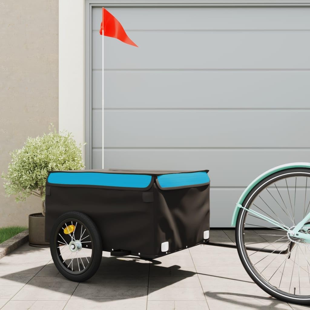 Mangloder Fahrradanhänger Schwarz Blau Eisen mit Deichsel, Sicherheitsflagge, Laderaum 62x40x31, für Transport, Camping, Familienausflüge, Hunde- und Gepäckanhänger, faltbar