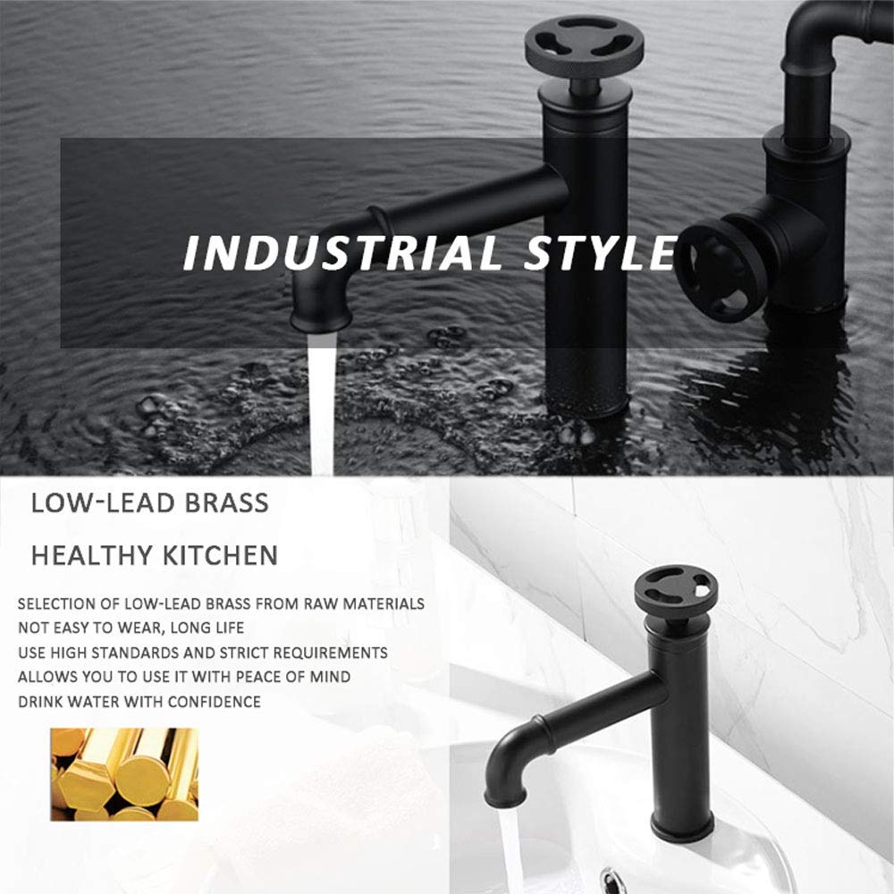 Rubinetto per lavabo da bagno rustico retrò industriale miscelatore per bacino rubinetti in ottone monoforo singolo rubinetto per lavabo bagno bagno decorazione hotel rubinetti lavandino, nero, alto