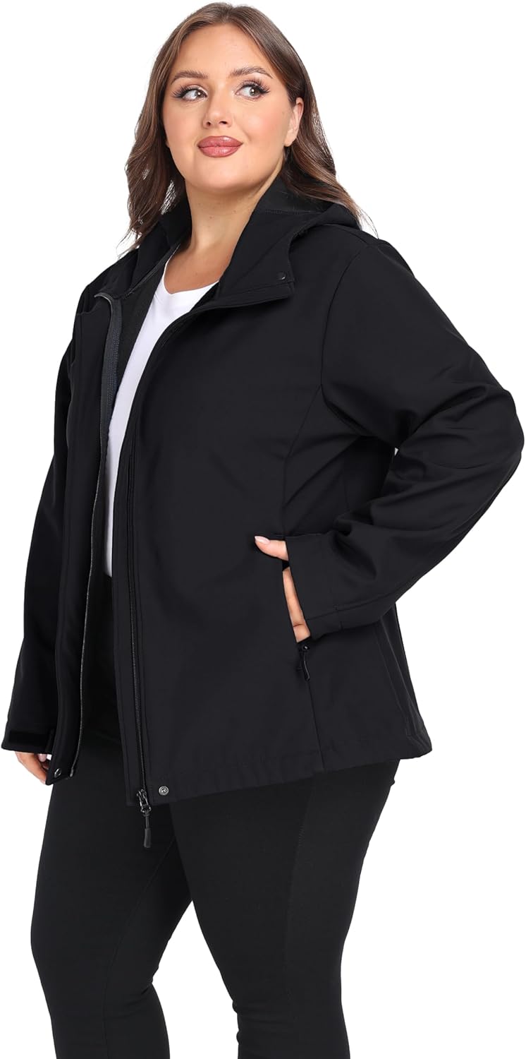 wantdo Women's Plus Size Softshell Jackets Hooded Warm Fleece Lined Windbreaker - Image 6