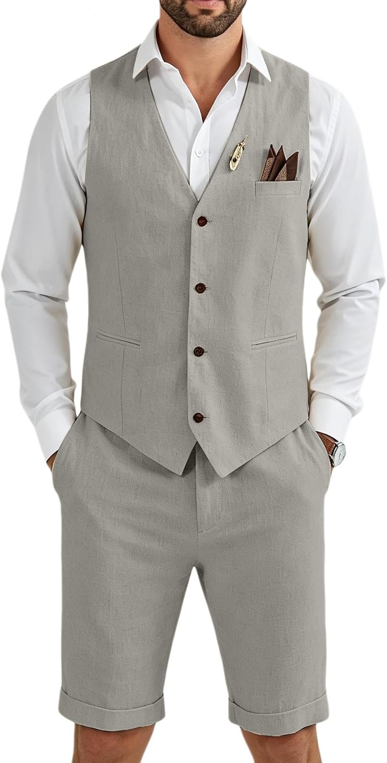 Men's Linen 2 Piece Short Suit Slim Fit Wedding Groom Summer Vest Short Set