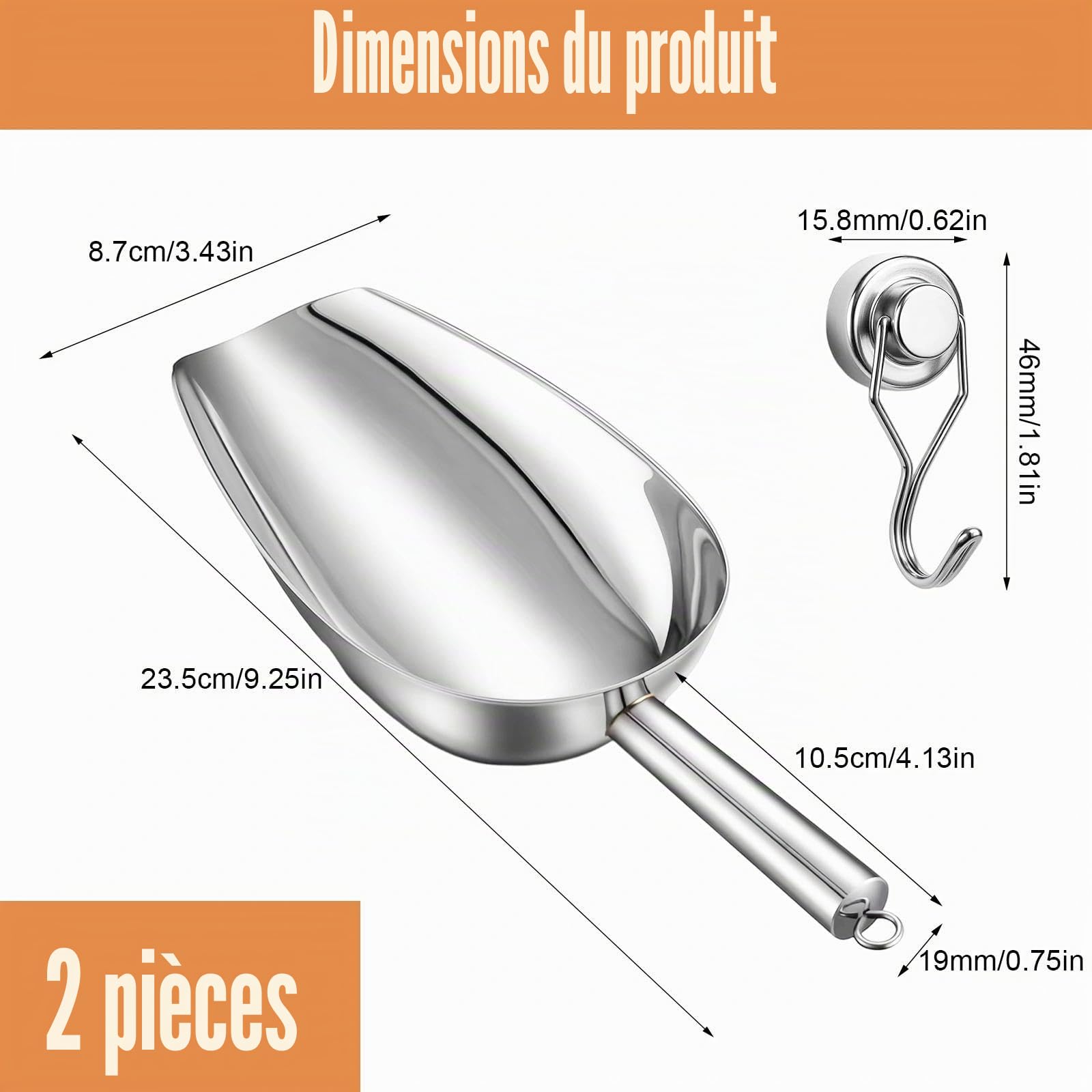 Lot de 2 Pelles à Glaçons 9 Pouces 304 en Acier Inoxydable Pelle à Glace Multifonction Pelle à Glace à Farine avec 2 Pcs Crochets Magnétique pour Cuisine Bar Restaurant