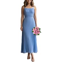 Womens Sleeveless Backless Pleated Maxi Dress, Summer Casual Adjustable Spaghetti Strap Long Flowy Dresses for Party