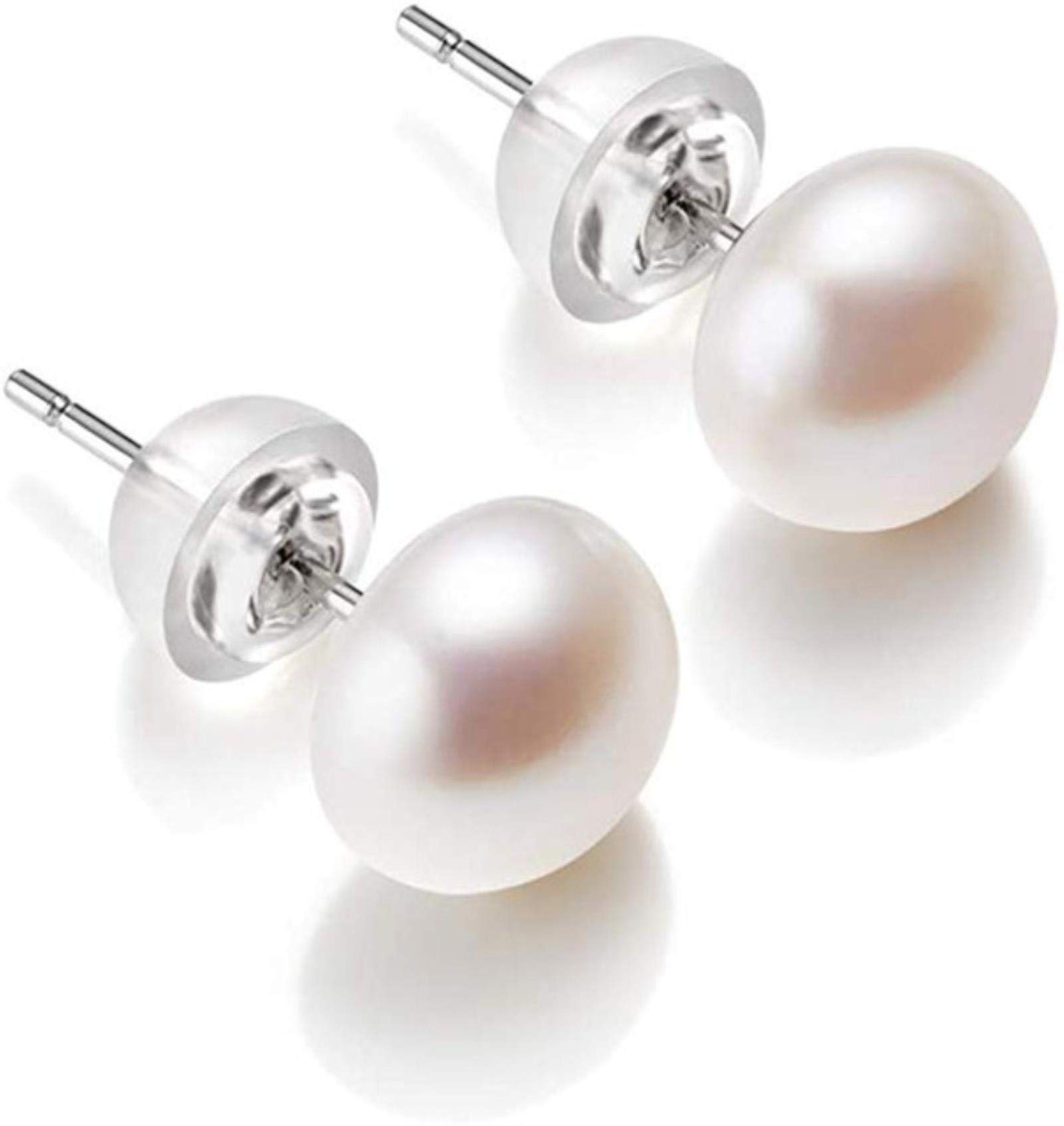 AQUALITYS White 6-11mm 100% Cultured Freshwater Pearl Stud Earrings for Women,Sterling Silver Women Earrings-white pearl,9-10mm