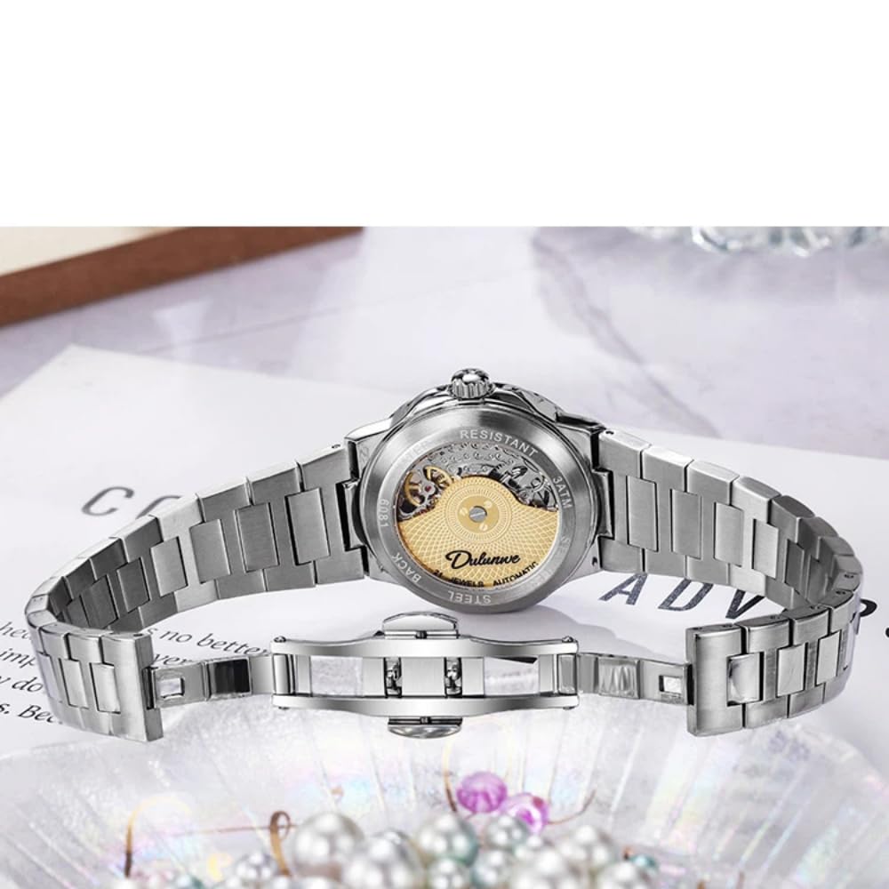 Damen Ausgehöhlte Skelett Vollautomatische Mechanische Uhr Mode Diamant eingelegte Lünette Uhr Leuchtende Wasserdicht Elegant Luxus Armbanduhr