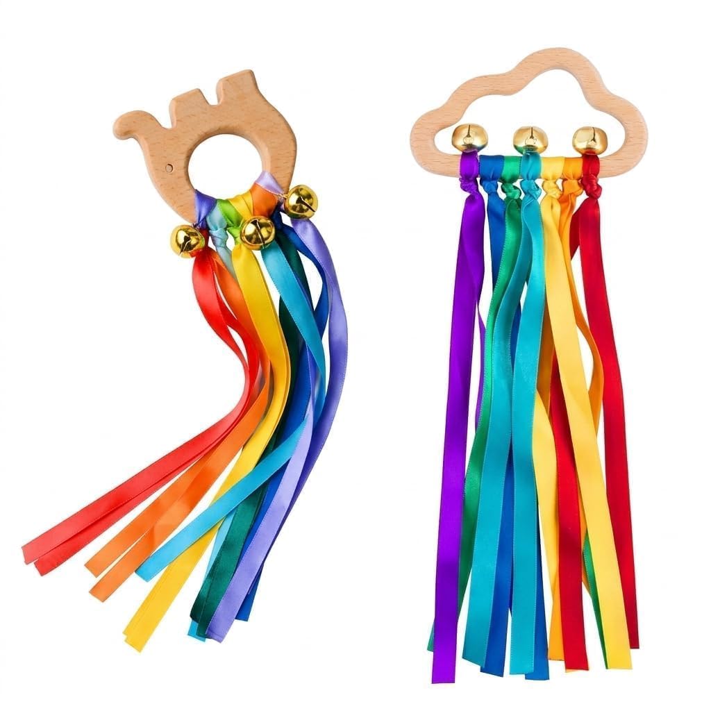 2 Pcs Baby Sensory Toys, Wooden Rainbow Ribbon Rattle with Bells (Cloud and Elephant), Early Development Montessori Play Toy for Newborn Infants Boys Girls