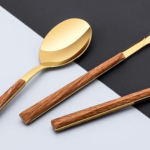 Miniatura 5 de Juego de cubiertos de acero inoxidable para 4, juego de cubiertos con mango de madera de imitación, incluye cuchillos, tenedores, cucharas, servicio