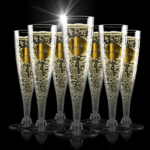 50 Gold Glitter Plastic Champagne Flutes 5 oz Cheers Disposable Clear