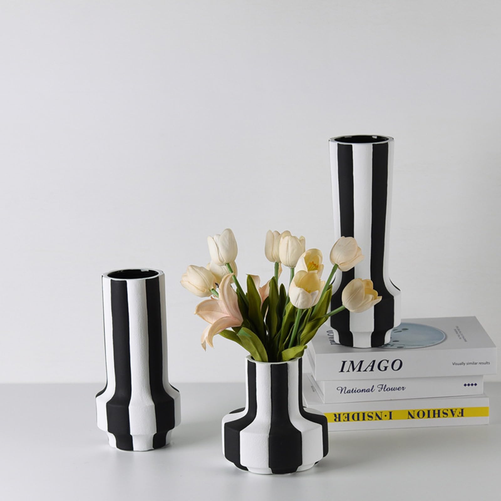 Wazon ceramiczny Czarno-biały wazon w paski z szerokim otworem Wazon matowy na trawę pampasową, stoły, półki, regały, kominki i przedpokoje,Panda a