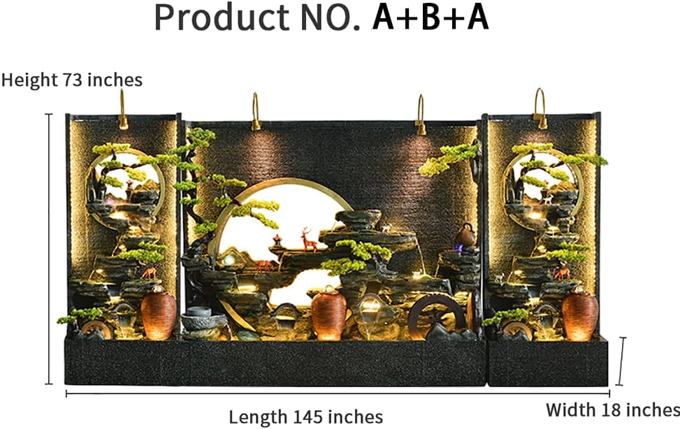 Elegant LED Waterfall Fountain Set – Indoor/Outdoor Decorative Water Features (73 inches Tall) with Bonsai Trees and Various Configurations(Fountians-682196318369-A+B+A)