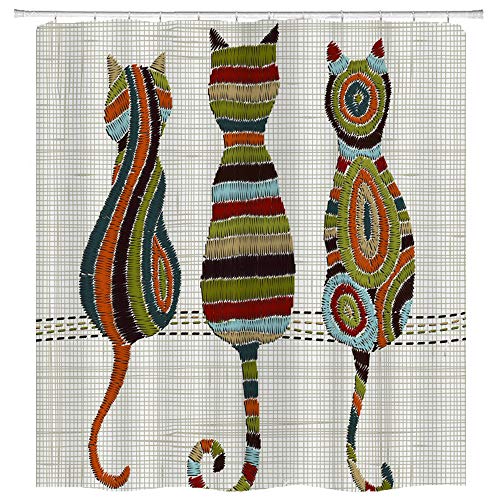 hipaopao Cute Animal Cat Shower Curtain Knitted Design Kitten Family Fabric Shower Curtain Sets Bathroom Decor with Hooks Waterproof Washable 71 x 71 inches Green Blue Red…