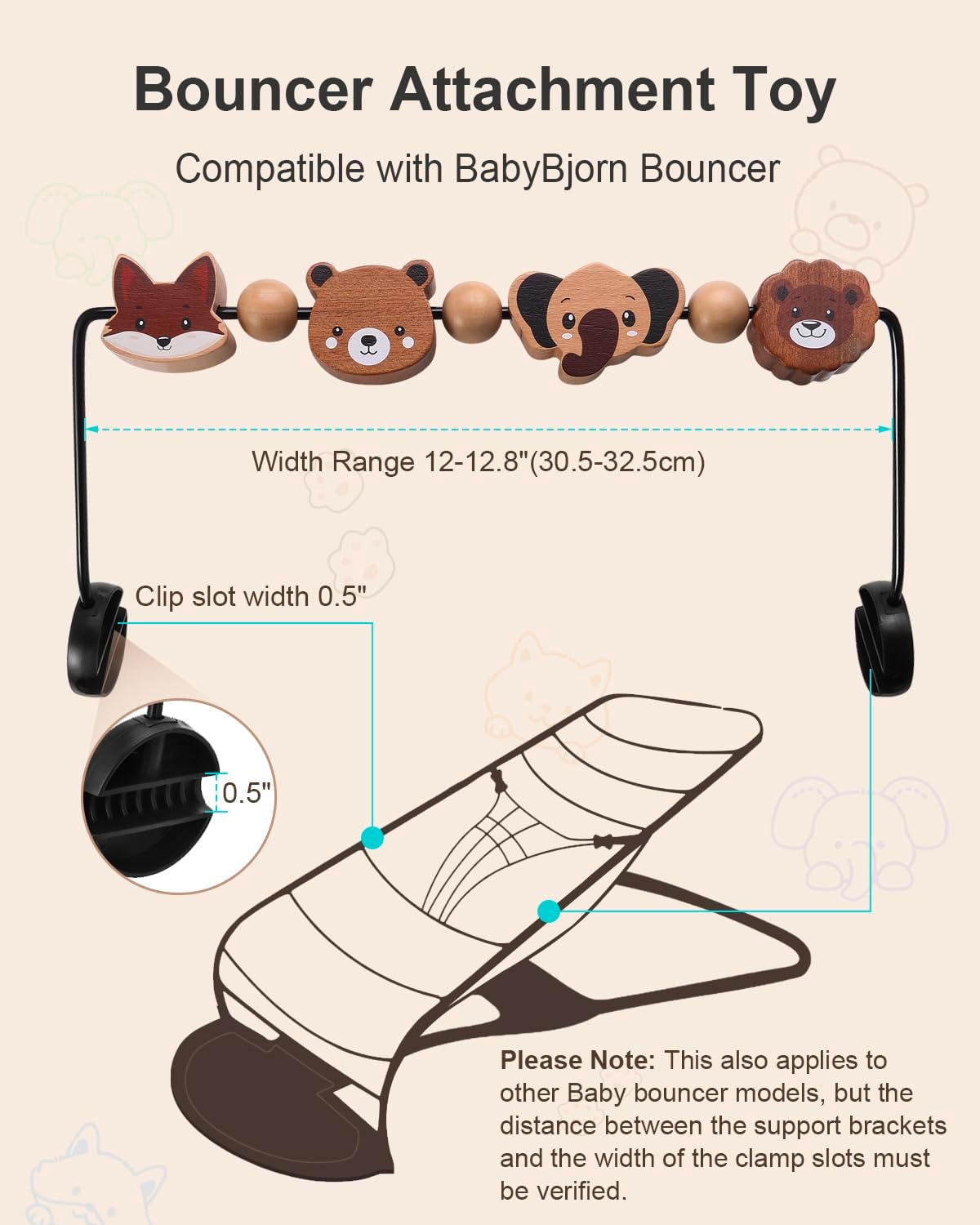 Baby Bouncer Toy Bar Compatible with Baby Bjorn Bouncer, Wooden Toys Attachment Easy to Attach and Remove Sensory Toys for Babies All Ages Christmas Toddler Gifts - Animals