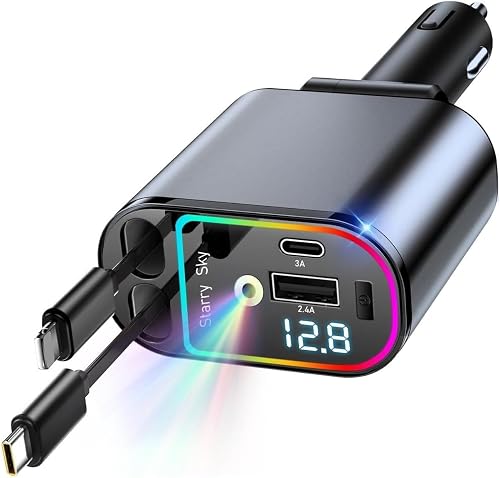 4 in 1 120W Car Charger with Retractable Cable and RGB Light, Voltage Display, for Cars, SUVs and Trucks