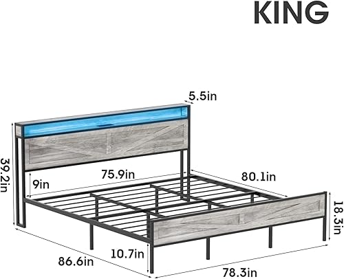 Miniatura 2 de Base de cama LED tamaño King con estación de carga, marco de cama de metal con cabecera de almacenamiento y puertos USB, marco de cama de granja con