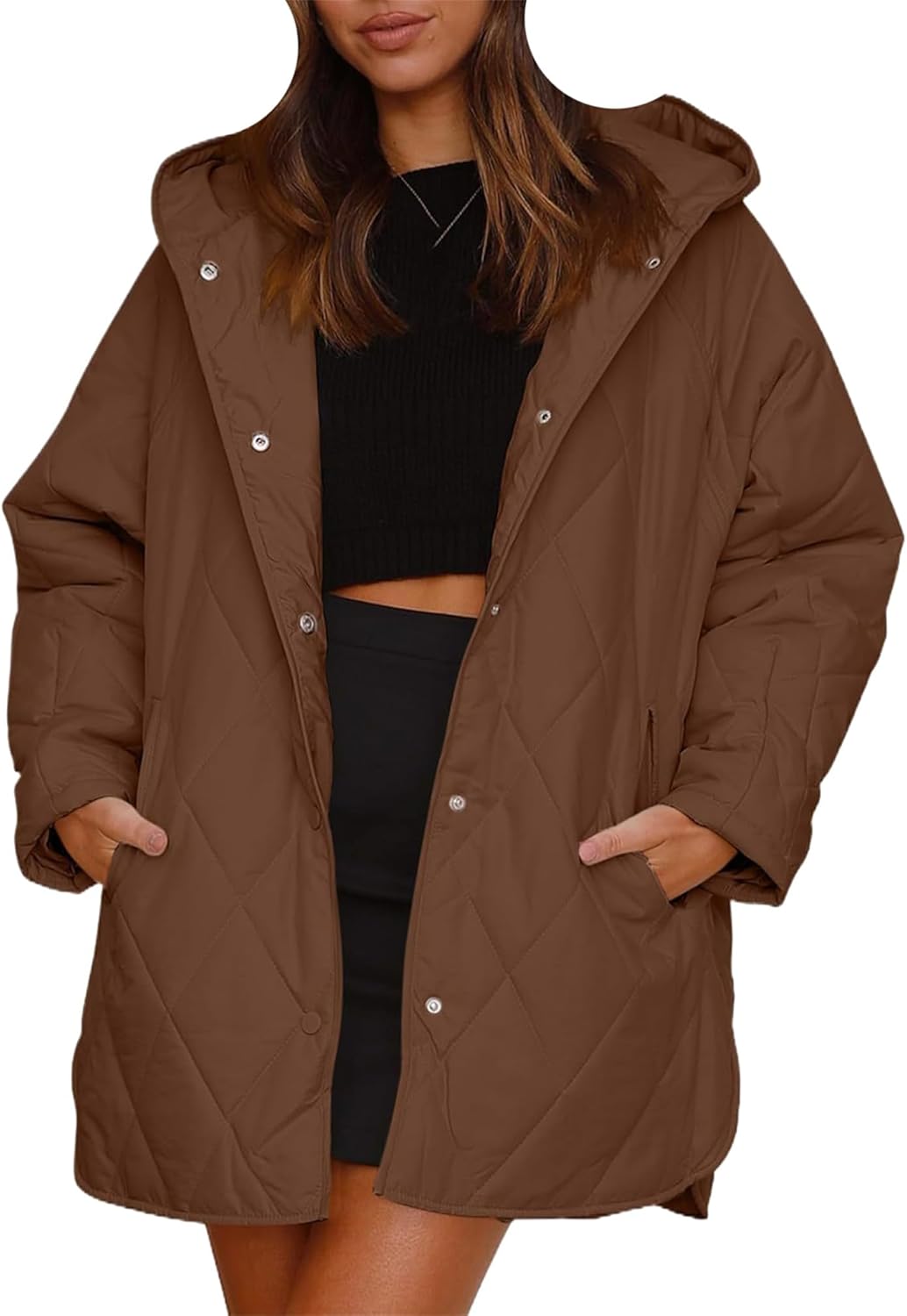 BOFETA Women's Puffer Lightweight Long Jacket Hooded Long Sleeve Down Coat Quilted Padded Winter Coat with Pockets